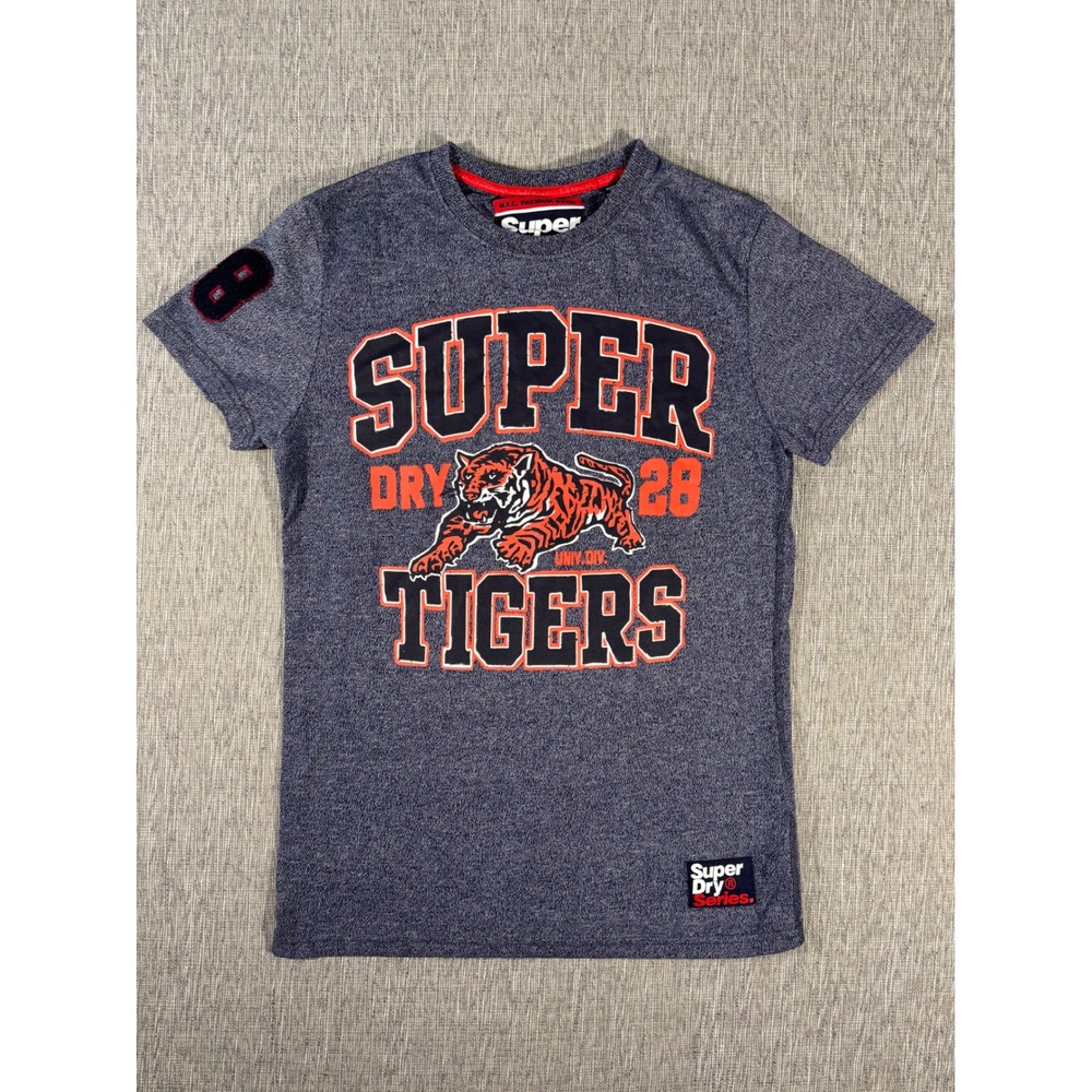 Superdry Tigers Graphic T-Shirt Mens Small Blue Heather Varsity Chenille Patch